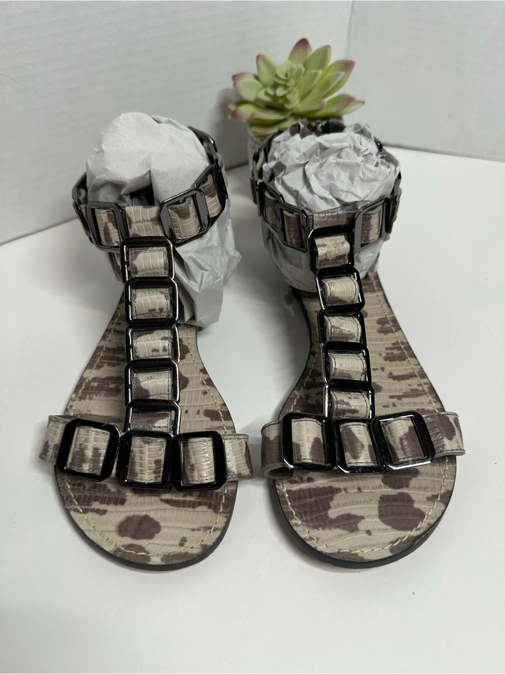 Tory Burch Brown and Beige Patterned Leather Chain-Accent Slide Sandals